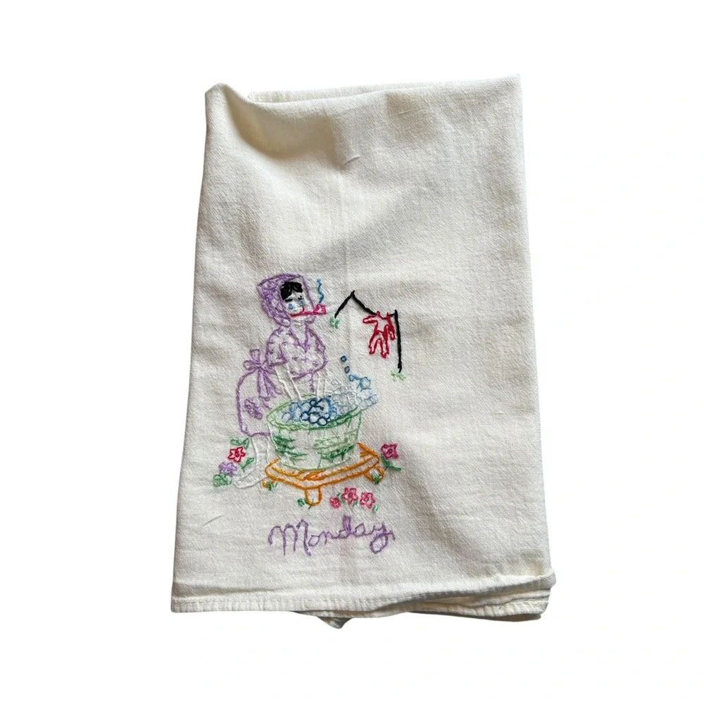 Vintage Hand Embroidered Monday Wash Day‎ Towel Sunbonnet Lady Cotton Linen